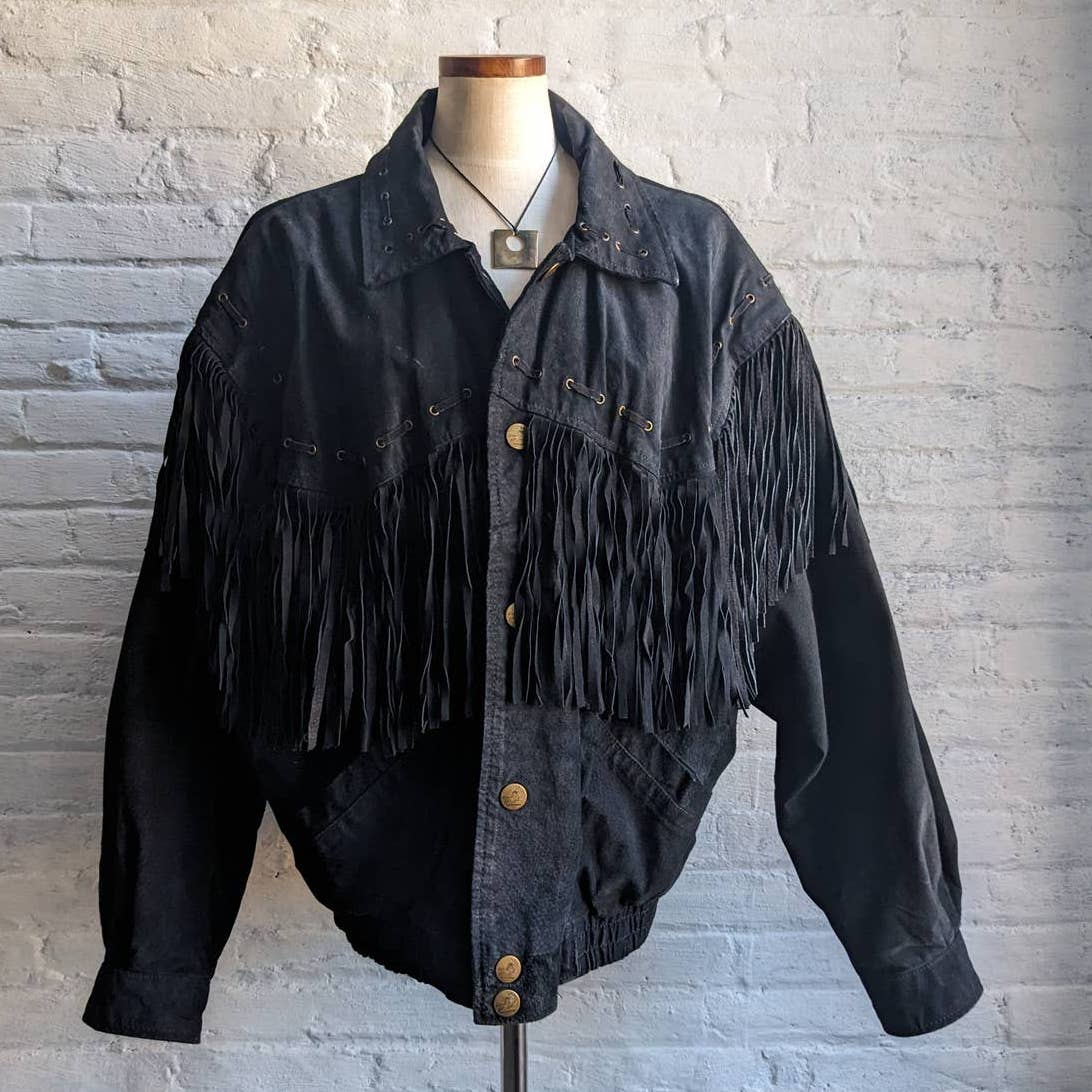 Vintage Black Suede Leather Fringe Biker Jacket Western Genuine Leather Coat