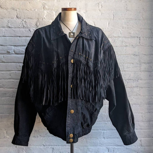 Vintage Black Suede Leather Fringe Biker Jacket Western Genuine Leather Coat