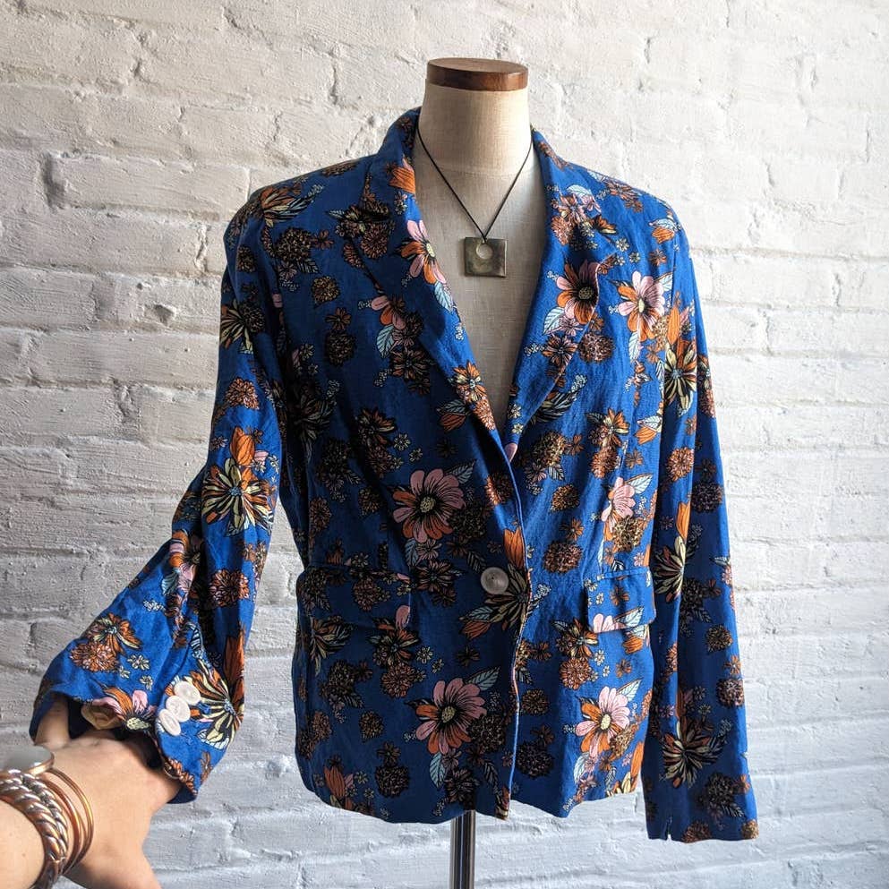 70s Retro Mod Cloth Groovy Floral Linen Blazer Vibrant Flowers Shacket Jacket