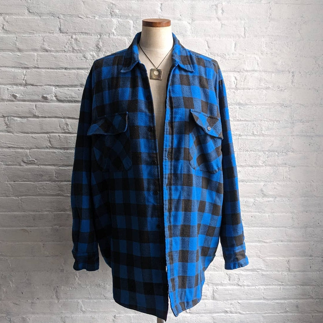 Y2K Vintage Blue Plaid Flannel Utility Blanket Thermal Oversize Coat Jacket