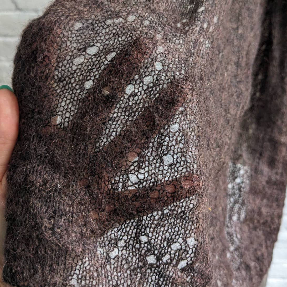 Vintage Mohair Fuzzy Witchy Earthy Grunge Brown Scarf Spiderweb Lace Shawl Wrap
