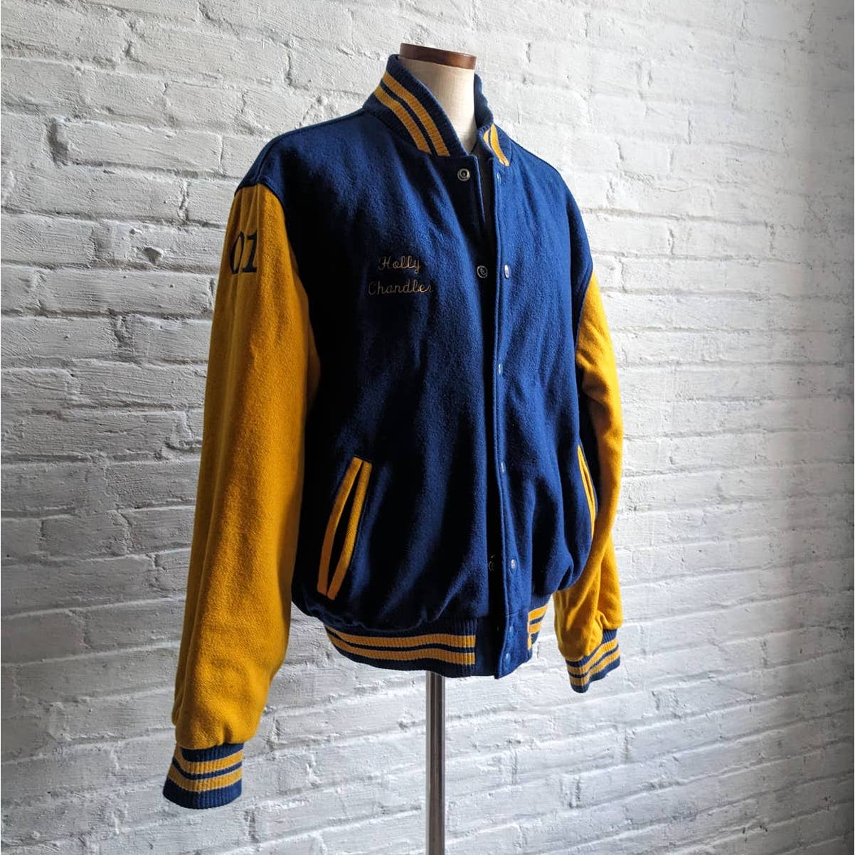 90s Vintage Embroidered Wool Varsity Bomber Letterman Colorblock Striped Jacket