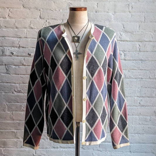 Vintage Pastel Argyle Colorblock Cardigan Diamond Granny Cottage Sweater Top