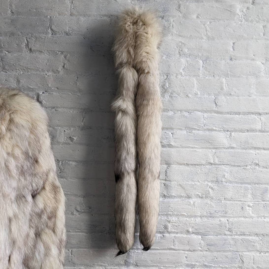 60s 70s Vintage Fluffy Furry Genuine Fox Fur Oversize Jacket Fox Tail Scarf Coat