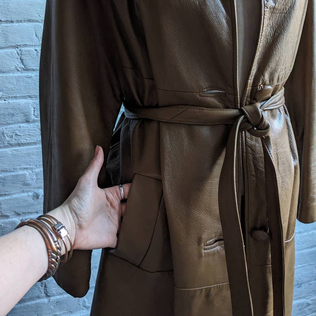 Vintage Minimalist Leather Penny Lane Trench Coat Belted Genuine Fox Fur Jacket