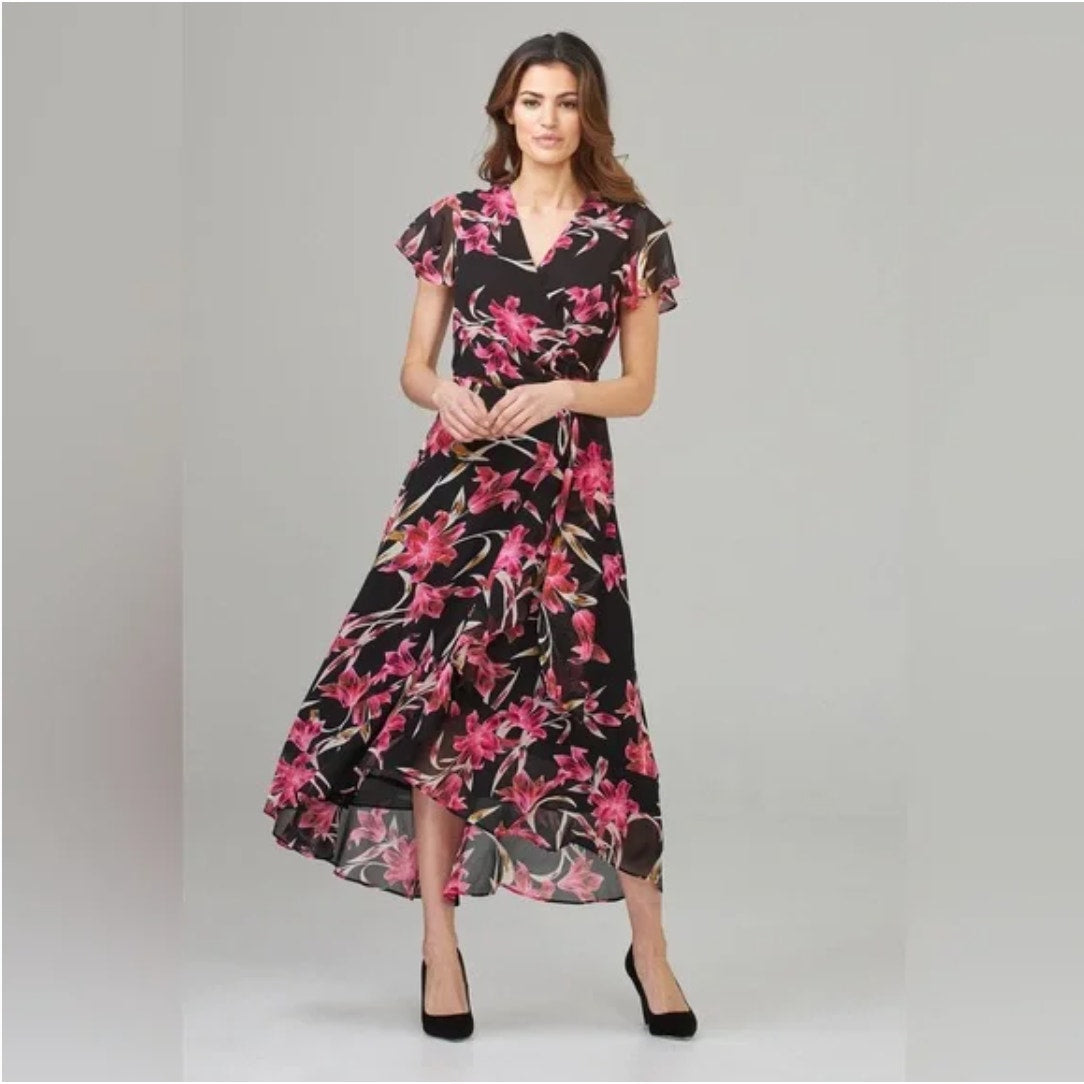 Joseph Ribkoff Black Floral Maxi Dress Flowy Ruffle Boho Chic Fairycore Dress