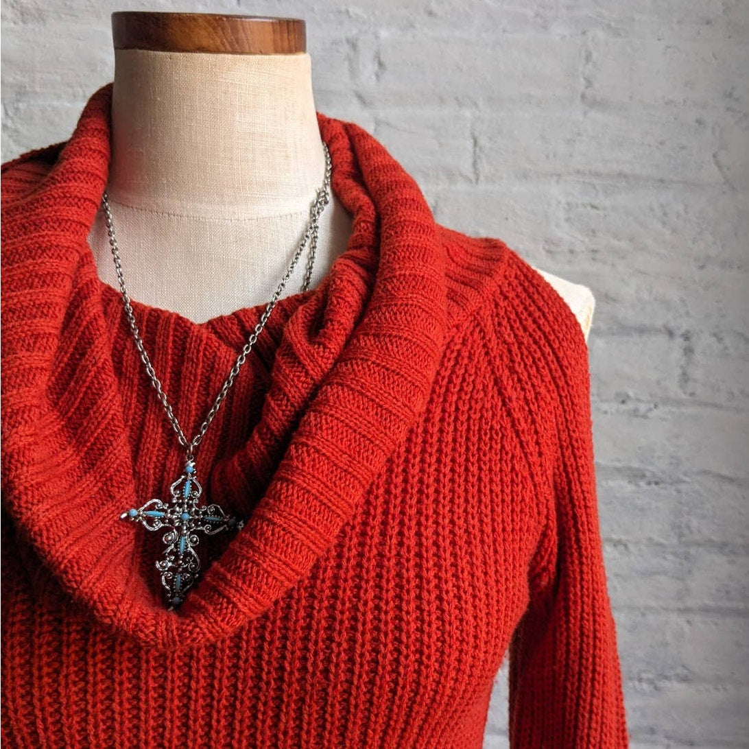 Vintage Red Chunky Knit Sweater Dress Sexy Minimalist Chic Cutout Mini Dress