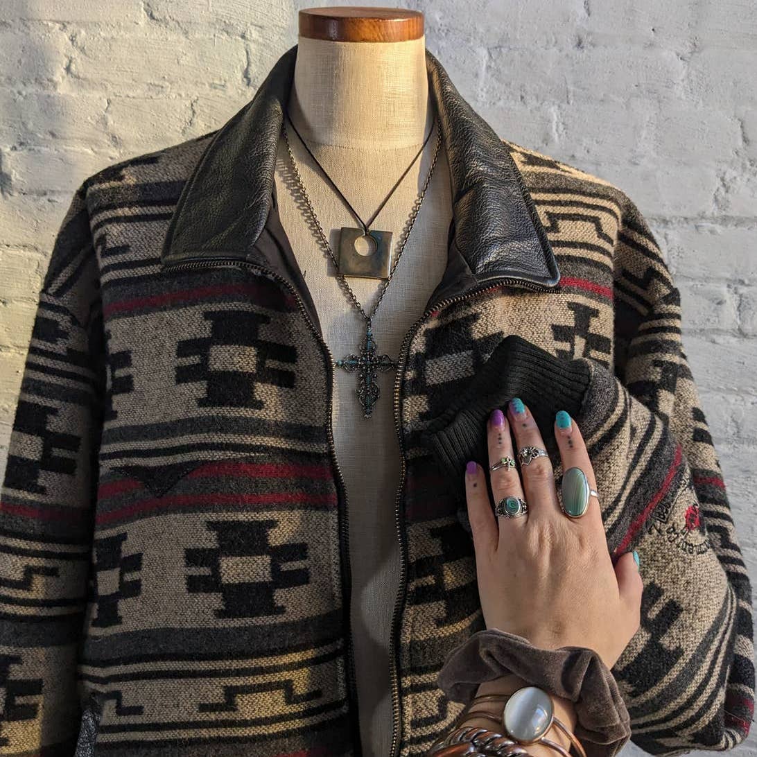 Vintage Southwest Wool Leather Bomber Blanket Jacket Native Minimalist Coat