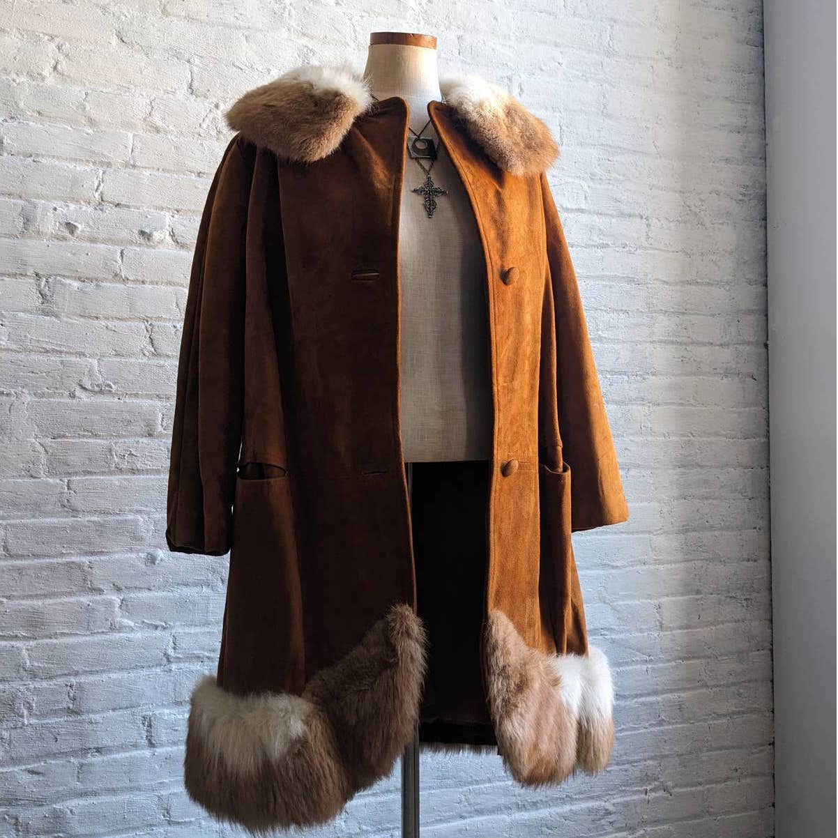 70s Penny Lane Groovy Suede Fur Jacket Furry Genuine Leather Mod Trench Coat