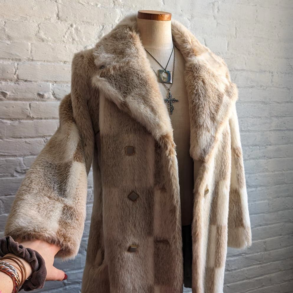 70s Vintage Patchwork Vegan Fur Coat Shaggy Retro Mob Wife Penny Lane Jacket