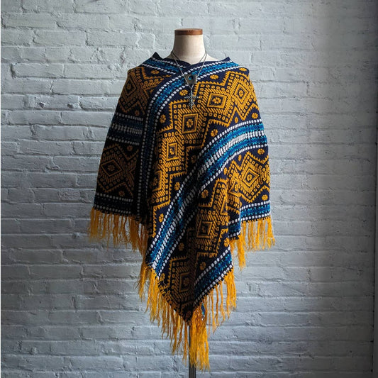70s Vintage Woven Southwest Blanket Poncho Handmade Hippie Fringe Trippy Vest