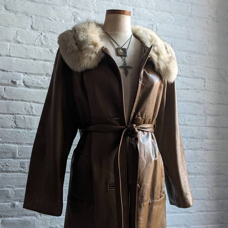 Vintage Minimalist Leather Penny Lane Trench Coat Belted Genuine Fox Fur Jacket