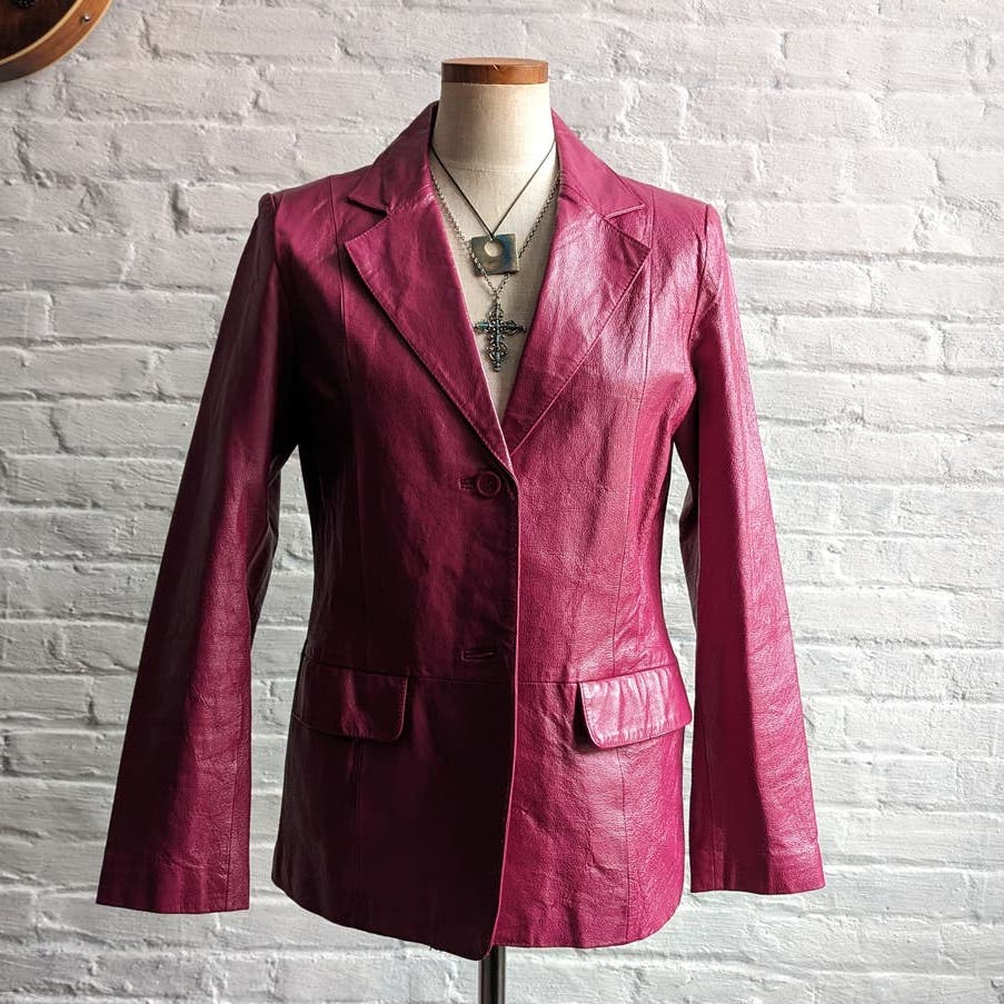 Vintage Hot Pink Genuine Leather Blazer Chic Barbie Boss Coat Minimalist Jacket