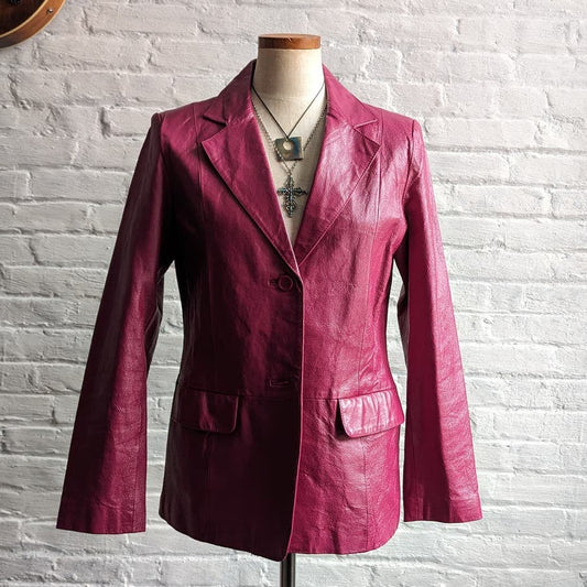 Vintage Hot Pink Genuine Leather Blazer Chic Barbie Boss Coat Minimalist Jacket