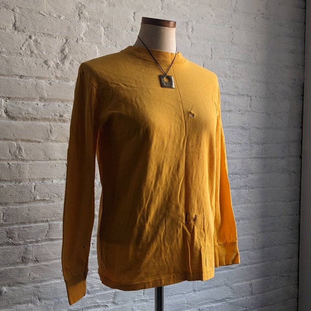 Vintage Yellow Crewneck Longsleeve Tee Thrashed Print Single Stitch Tshirt Top
