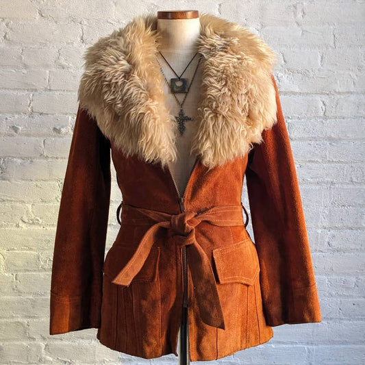 70s Penny Lane Groovy Suede Fur Jacket Furry Genuine Leather Mod Trench Coat