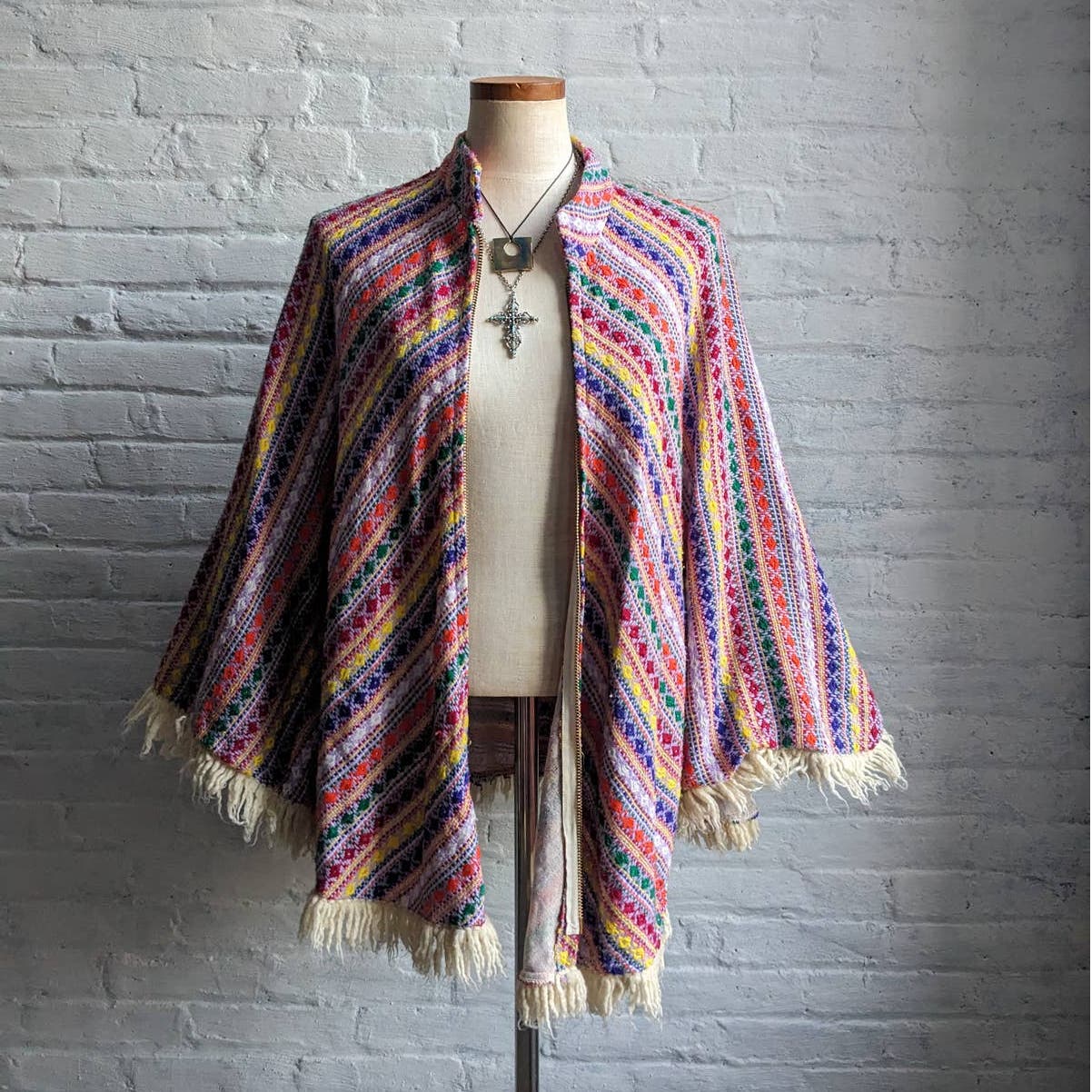 70s Vintage Knit Rainbow Southwest Blanket Poncho Hippie Fringe Trippy Vest Cape