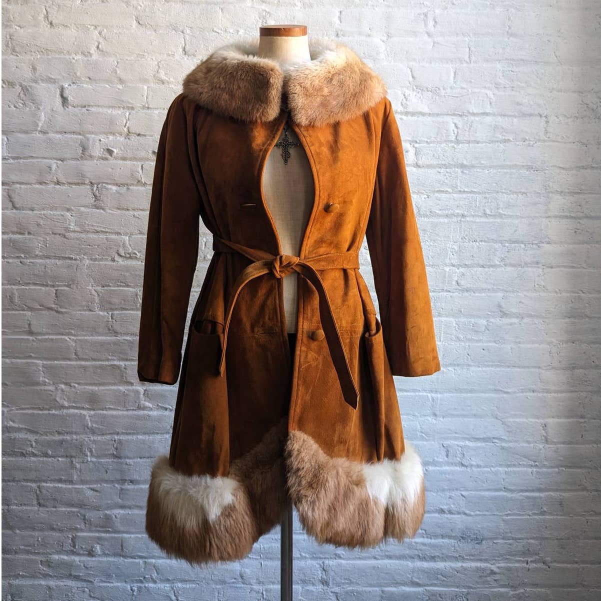 70s Penny Lane Groovy Suede Fur Jacket Furry Genuine Leather Mod Trench Coat