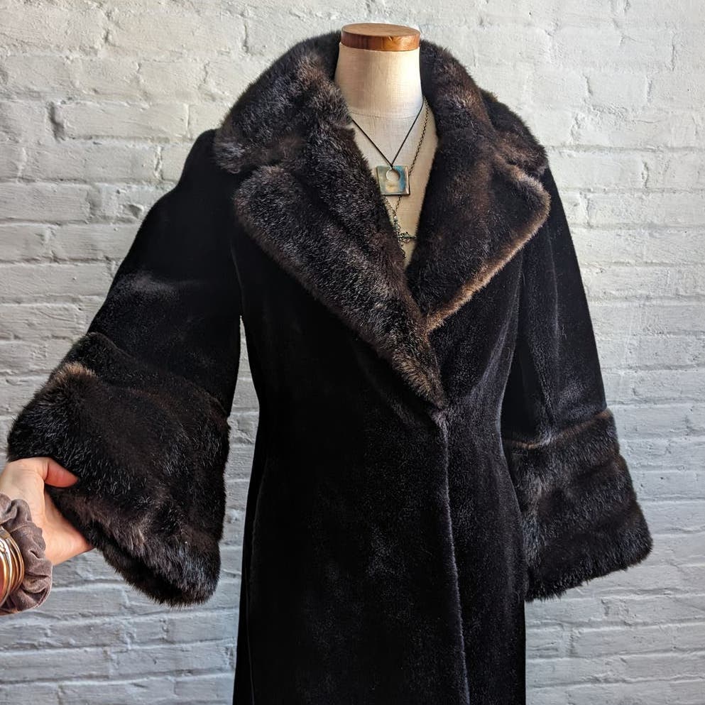 70s Vintage Vegan Velvet Fur Trench Coat Mob Wife Black Brown Penny Lane Jacket
