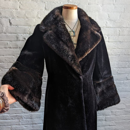 70s Vintage Vegan Velvet Fur Trench Coat Mob Wife Black Brown Penny Lane Jacket
