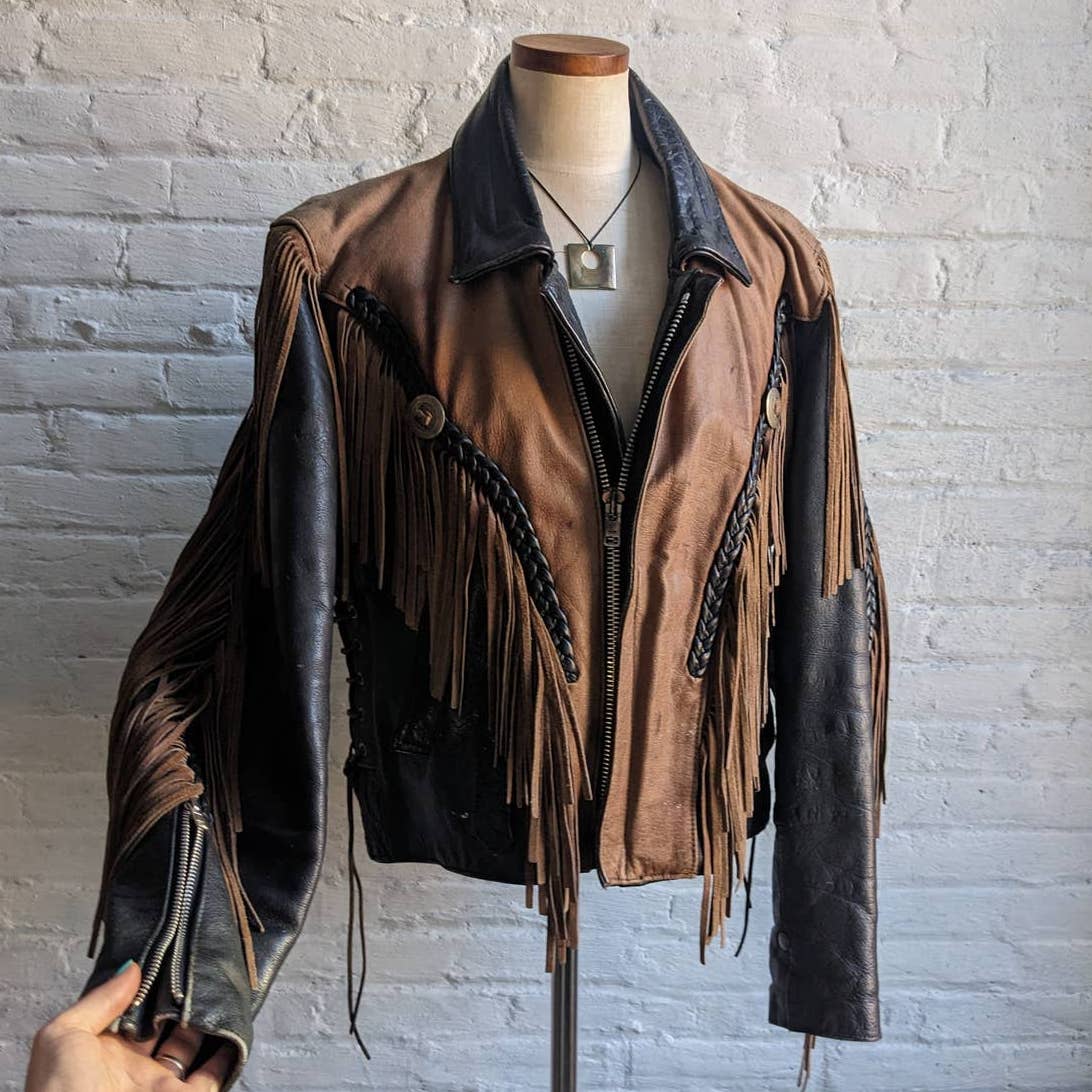 Vintage Two Tone Southwest Leather Fringe Biker Jacket Concho Motorcycle Western