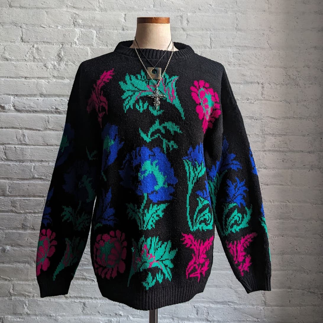 90s Vintage Chunky Knit Floral Grunge Granny Sweater Statement Earthy Trippy Top