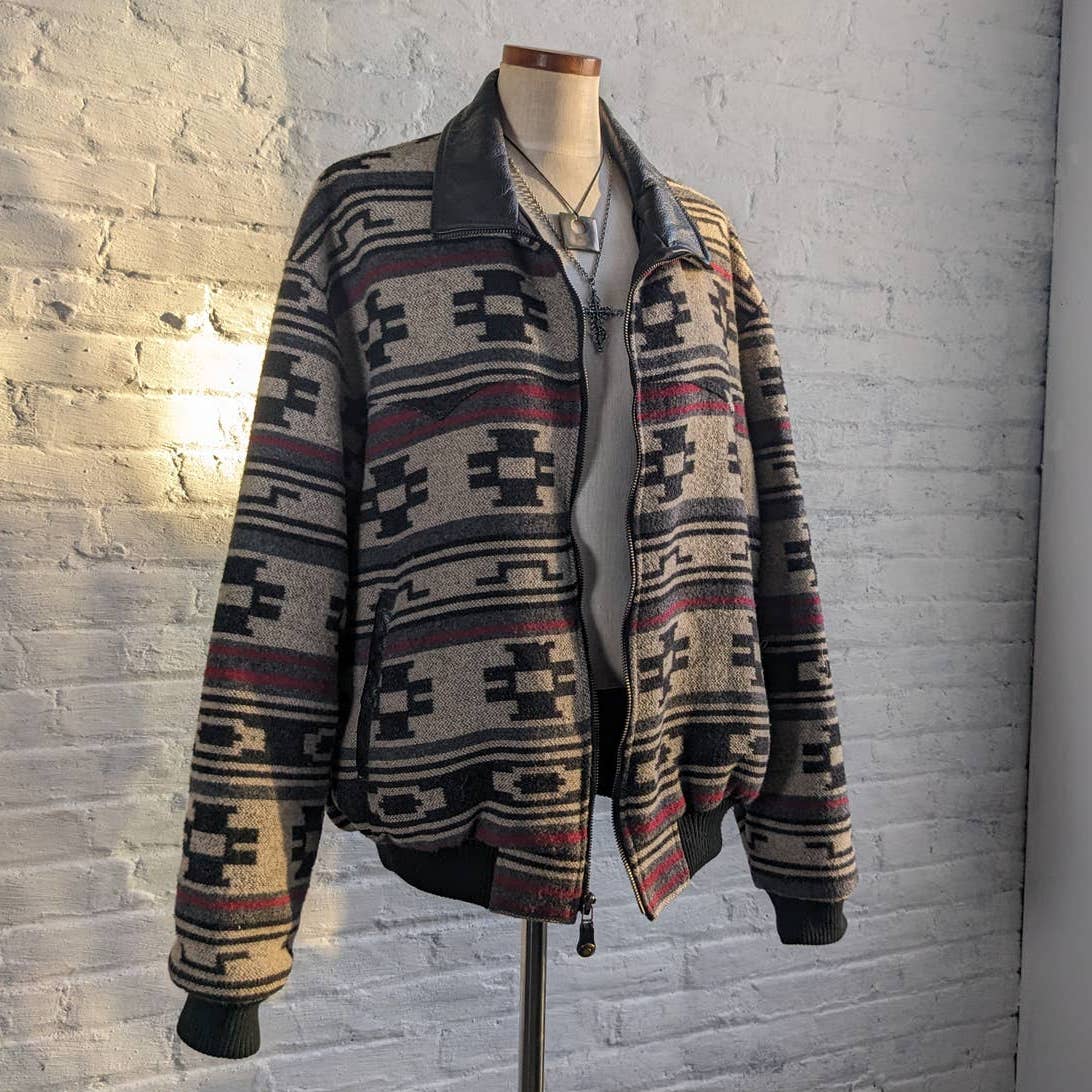 Vintage Southwest Wool Leather Bomber Blanket Jacket Native Minimalist Coat