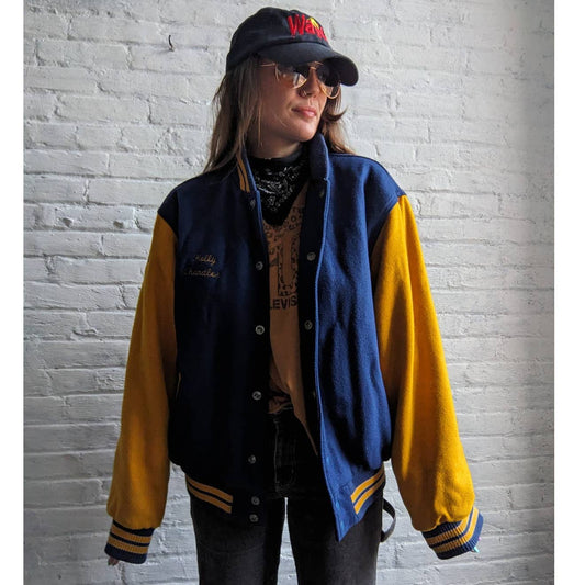 90s Vintage Embroidered Wool Varsity Bomber Letterman Colorblock Striped Jacket