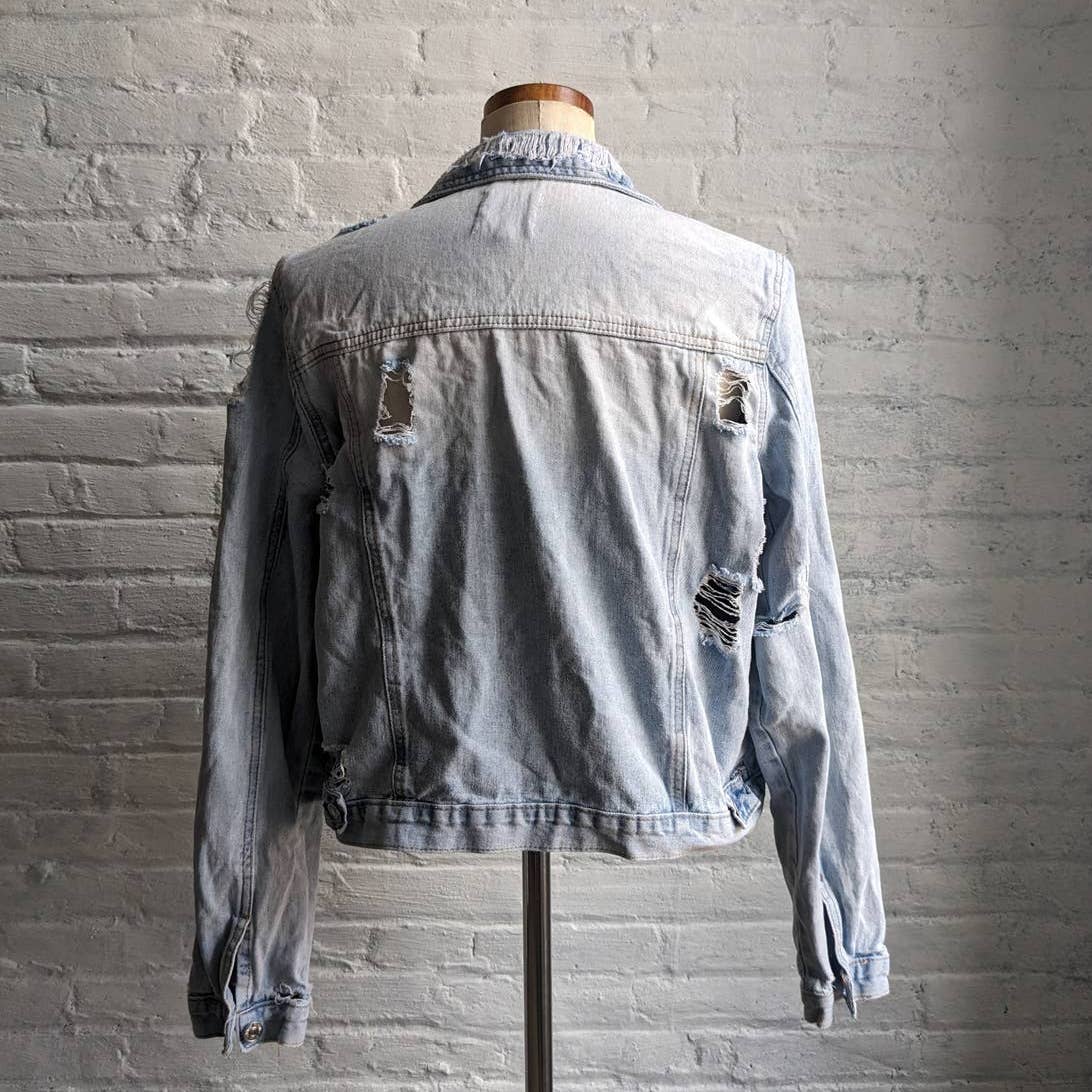 Y2K Distressed Biker Denim Jacket Grunge Acid Wash Coat Minimalist Jean Shacket