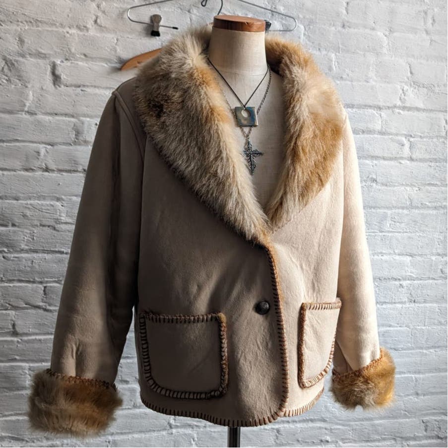 Vintage Vegan Penny Lane Shaggy Faux Fur Coat Southwest Furry Minimalist Jacket