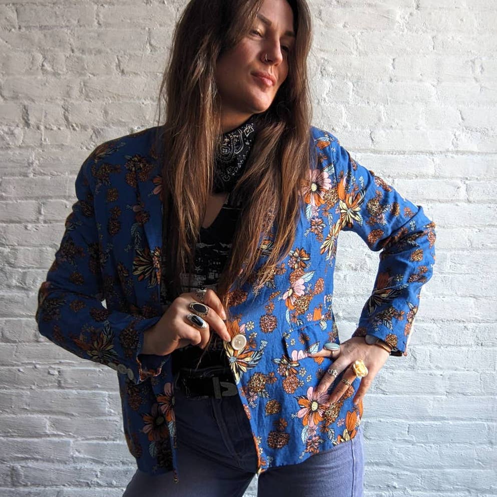 70s Retro Mod Cloth Groovy Floral Linen Blazer Vibrant Flowers Shacket Jacket