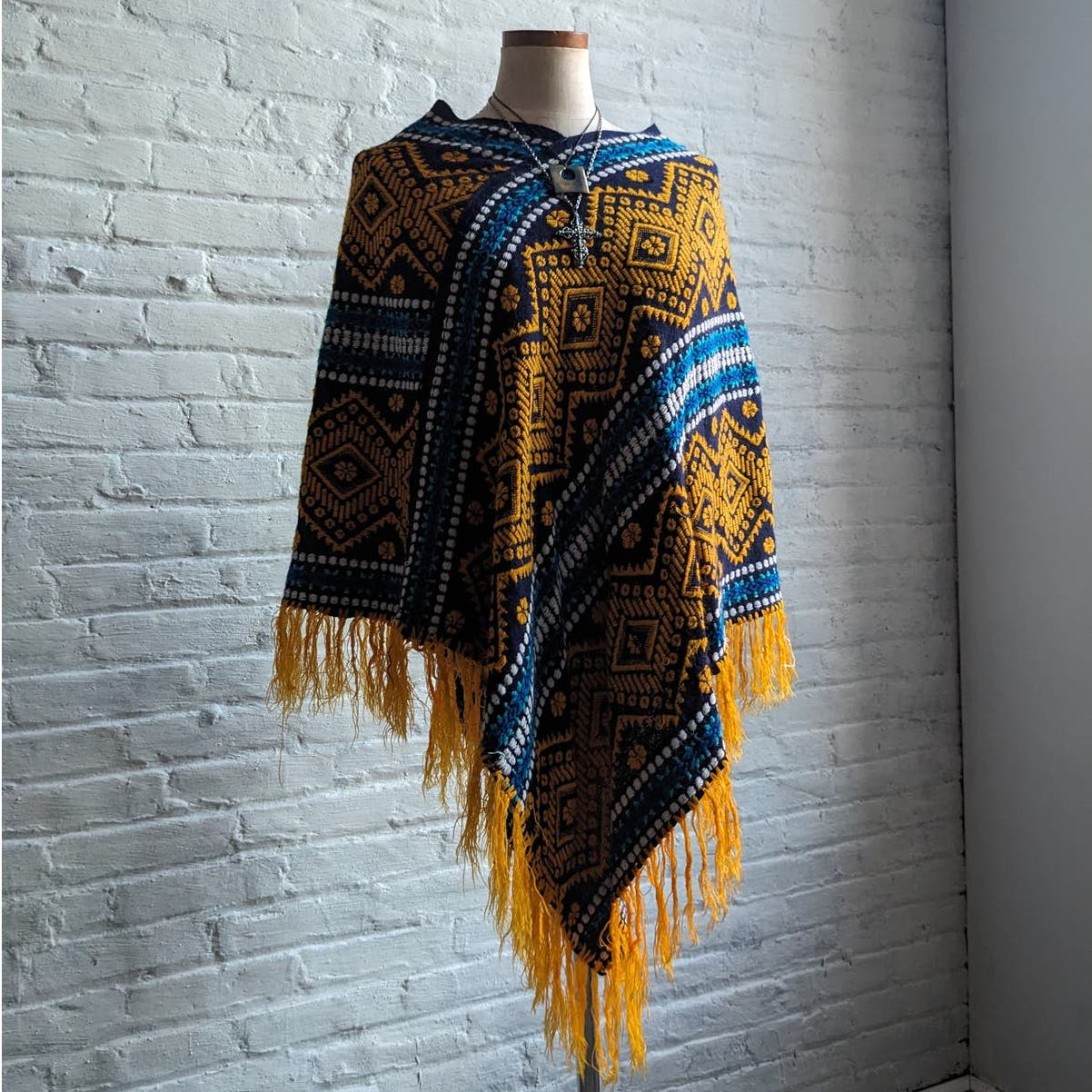 70s Vintage Woven Southwest Blanket Poncho Handmade Hippie Fringe Trippy Vest