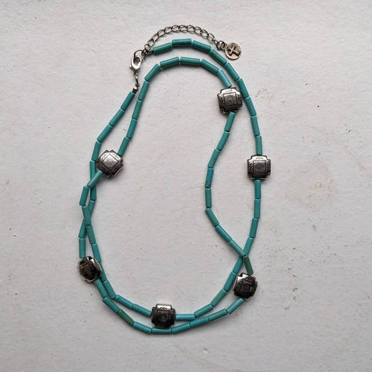 Vintage Southwest Turquoise Concho Necklace Silver Bolo Floral Americana Jewelry