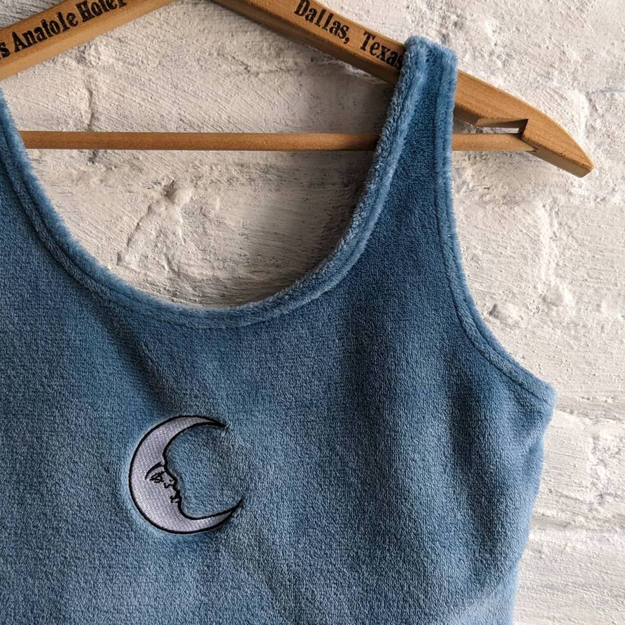 Y2K Vintage Witchy Moon Lunar Embroidered Muted Baby Blue Fleece Crop Top