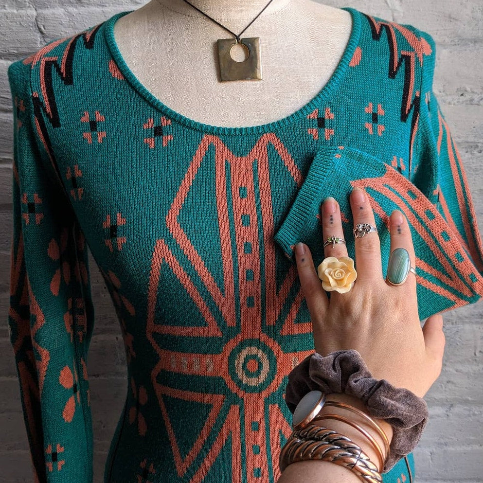 Y2K Funky Knit Dress Green Boho Chic Fairycore Longsleeve Western Bodycon Dress