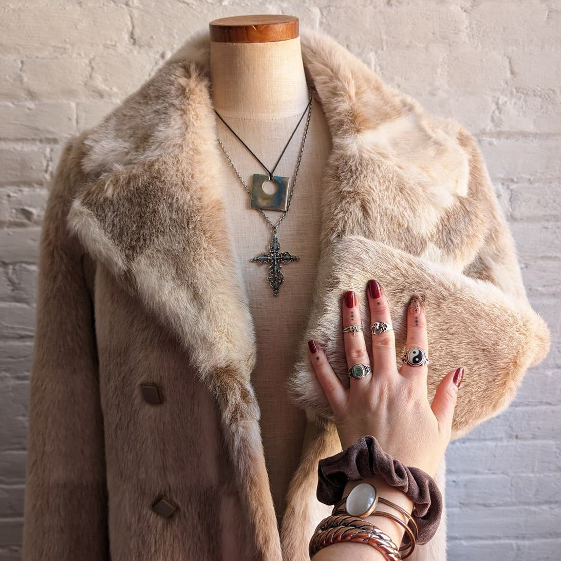 70s Vintage Patchwork Vegan Fur Coat Shaggy Retro Mob Wife Penny Lane Jacket