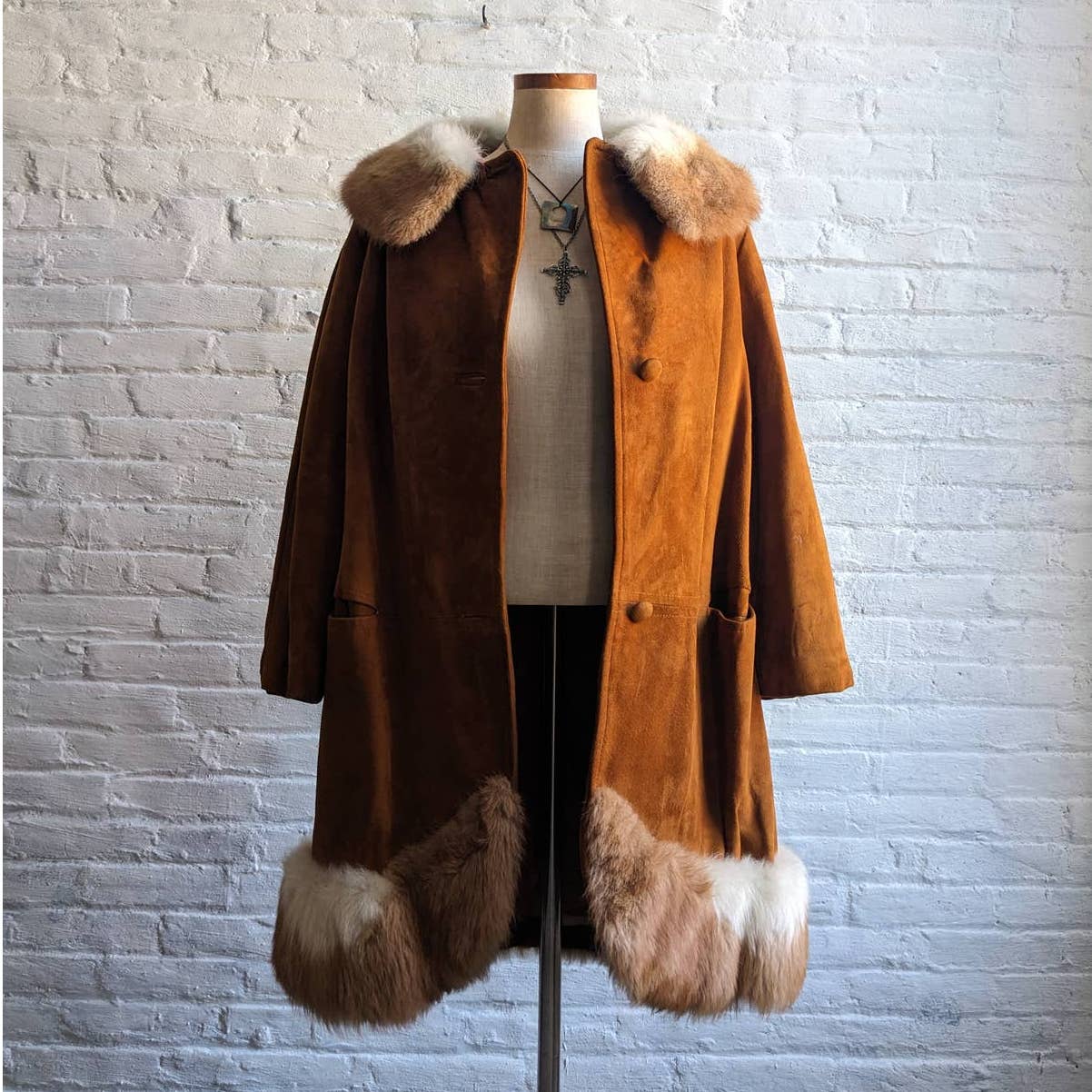 70s Penny Lane Groovy Suede Fur Jacket Furry Genuine Leather Mod Trench Coat