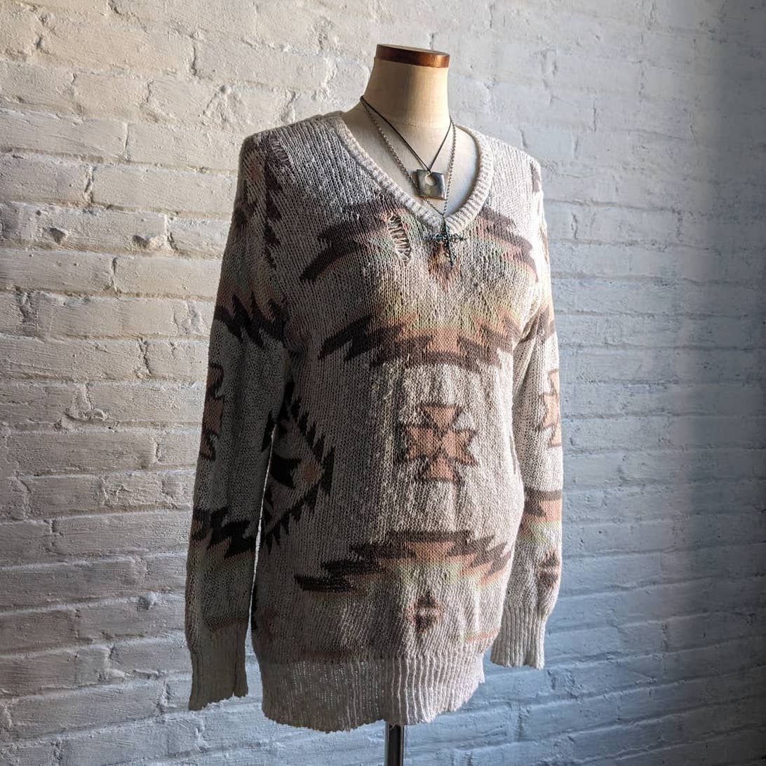 Vintage Chunky Knit Western Minimalist Sweater Distressed Boho Native Chic Top