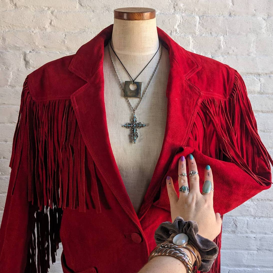Vintage Cherry Red Suede Leather Fringe Southwest Biker Jacket Moto Western Coat