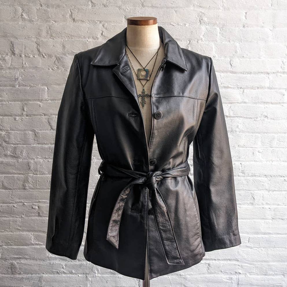 Y2K Vintage Minimalist Leather Trench Coat Jacket Chic Biker Moto Goth Duster