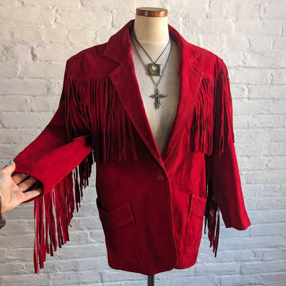 Vintage Cherry Red Suede Leather Fringe Southwest Biker Jacket Moto Western Coat
