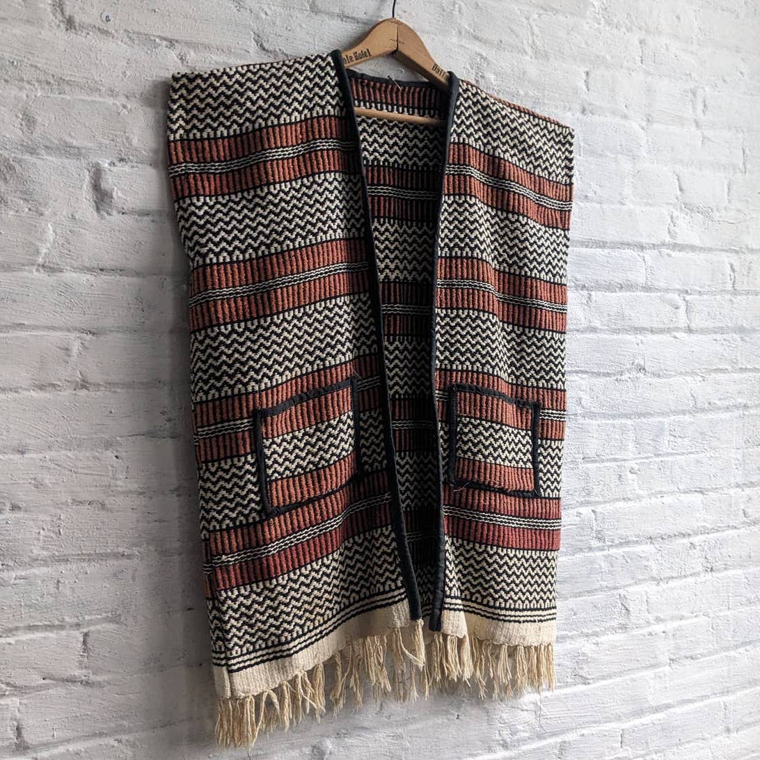 70s Vintage Blanket Vest Western Handmade Woven Fringe Traditional Mexico Serape