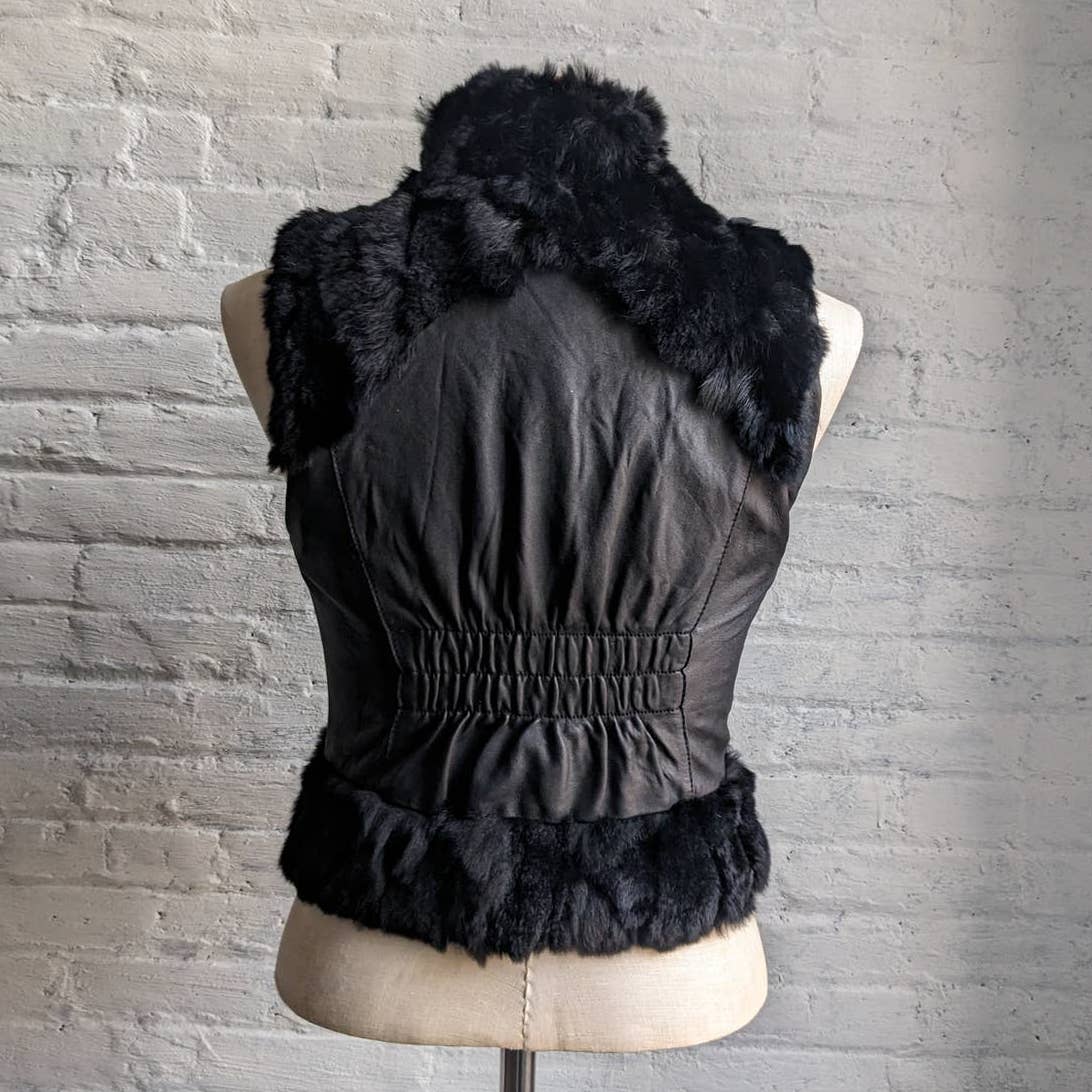 Y2K Vintage Black Genuine Leather Fur Biker Vest Furry Crop Goth Moto Grunge Top