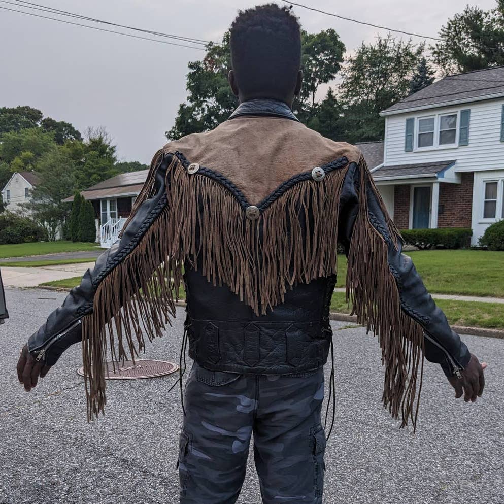 Vintage Two Tone Southwest Leather Fringe Biker Jacket Concho Motorcycle Western