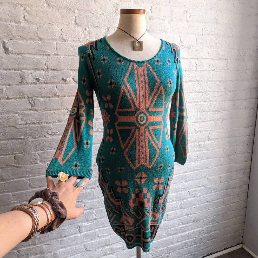Y2K Funky Knit Dress Green Boho Chic Fairycore Longsleeve Western Bodycon Dress
