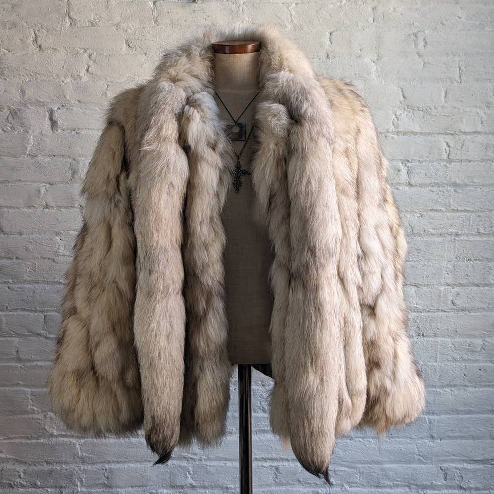 60s 70s Vintage Fluffy Furry Genuine Fox Fur Oversize Jacket Fox Tail Scarf Coat