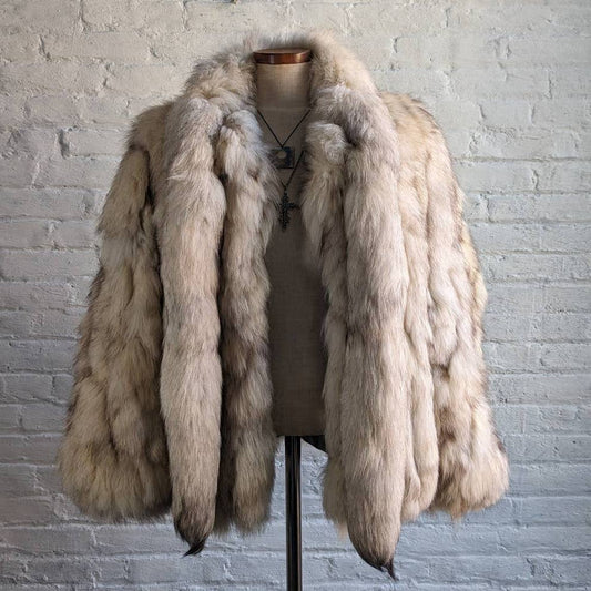 60s 70s Vintage Fluffy Furry Genuine Fox Fur Oversize Jacket Fox Tail Scarf Coat