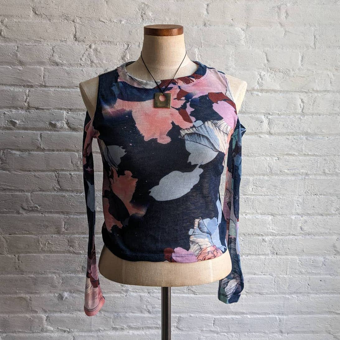 Y2K Retro Trippy Floral Galaxy Mesh Burnout Tee Dark Academia Tattoo Art Top