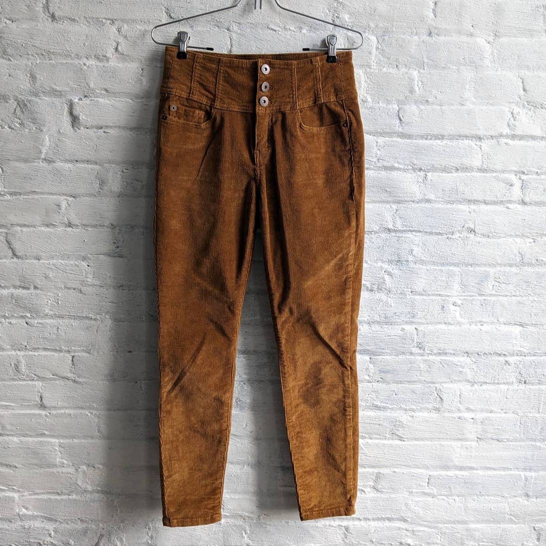 Retro 70s Corduroy Rusty Red Brown Pants High Rise Sculpting Skinny Jeans