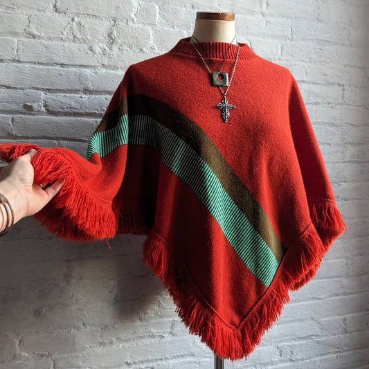 70s Vintage Western Mod Striped Knit Fringe Poncho Boho Chic Fairycore Sweater